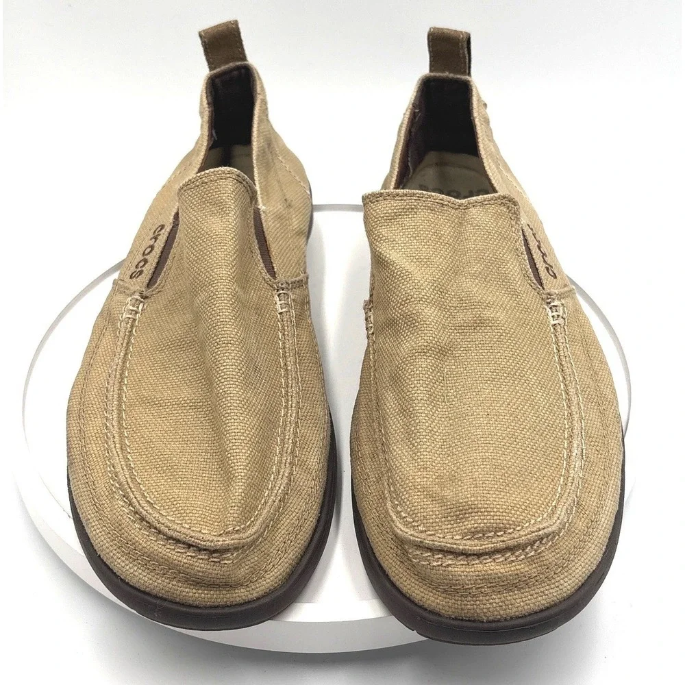 Crocs Santa Cruz Mens Khaki Canvas Slip On Loafers Size M12 Tan 11270